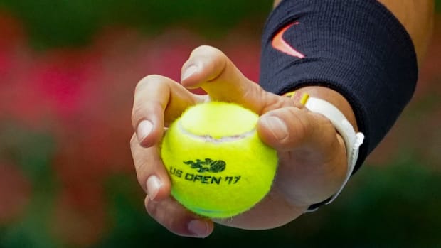Sept 10, 2017; New York, NY, USA; Detailed view as Rafael Nadal of Spain bounces a tennis ball before serving to Kevin Anderson of South Africa in the Men's Final in Ashe Stadium at the USTA Billie Jean King National Tennis Center. Mandatory Credit: Robert Deutsch-USA TODAY Sports